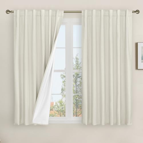 LAMIT 54 Inch Linen Full Blackout Window Curtains for Bedroom, Thermal Farmhouse Curtains Back Tab and Rod Pocket Privacy Protected Burlap Panels with White Liner, 2 Panels, 52 x 54 Inch, Ivory