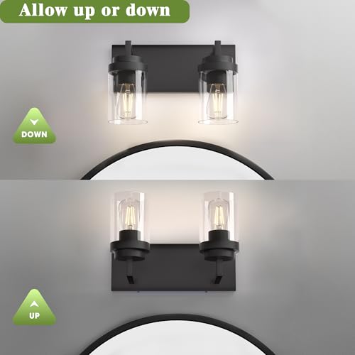 Image of Bathroom Vanity Fixtures, 2 Light Matte Black Vanity Light with Clear Glass Shade, 15in Farmhouse wall Light, Lighting Fixture Over Mirror for Bathroom