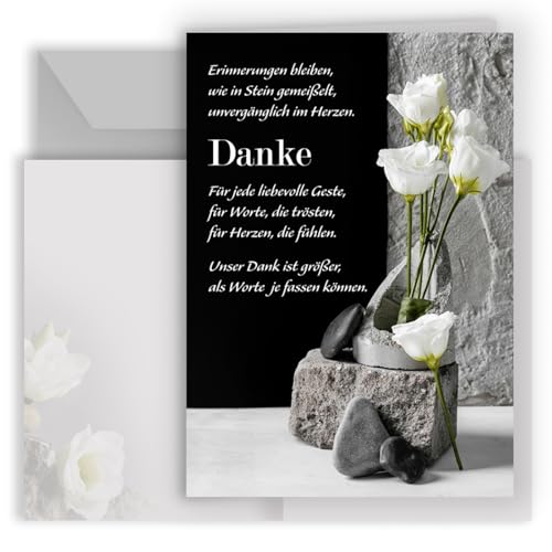 10 Danksagungskarten Trauer mit Text und Umschlägen in Grau Dankeskarte Klappkarten Trauerkarten Danksagungskarte Kondolenzkarten Beerdigung Anteilnahme Kondolenzkarte in Schwarz Weiß mit Blumen