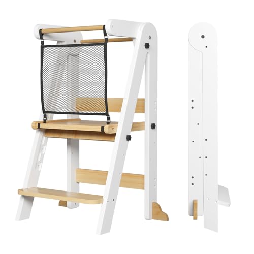 Image of ROOMTEC Foldable Toddler Kitchen Tower, 3 Adjustable Height Wooden Step Stool, Toddler Standing Tower with Safety Net for Kitchen Bathroom Sink Counter