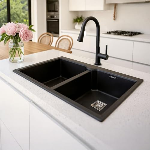 Image of EVANEX Quartz Sink for Kitchen | Double Bowl | Topmount /Undermount Kitchen Sinks | Black Double Sink with Connector, Waste Pipe, Coupling and Drain Basket | 37x18x9 Granite Kitchen Sinks