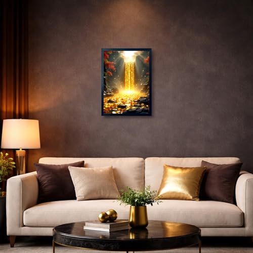 Image of ARTFUL TOY BOX - Golden Money Waterfall Photo Frame Wall Art for Home Decor | Wealth Flow, Abundance & Prosperity Vastu Wall Decor for Living Room & Office | HD Glossy Print | Premium Fiber Black Frame - 12x18 Inch (30x45 cm) (Design 5)