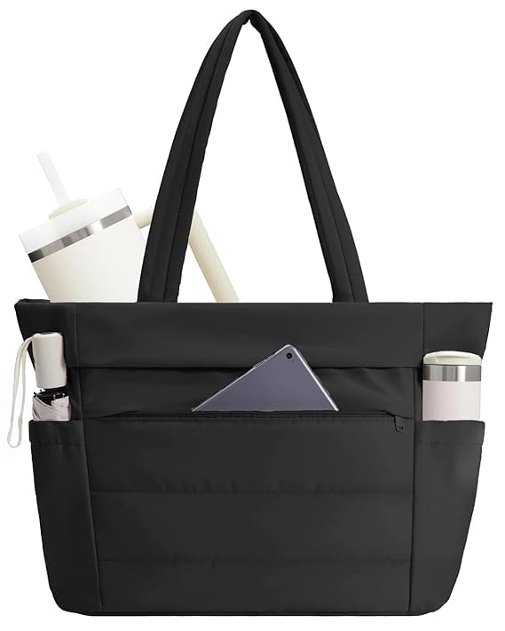 Tote Bag for Woman | Lightweight Puffy Shoulder Handbag with Multi Compartment Professional Work Tote Bag, Black, Pack of 1-picture-47
