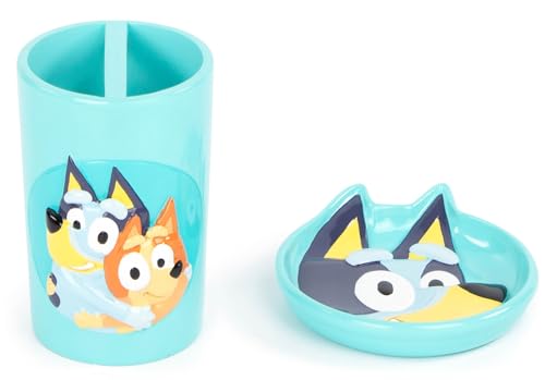 Bluey 2 Piece Bathroom Set - Blue Soap Dish & Toothbrush Holder Set -...