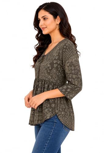 Image of ATTEM Women's Pure Cotton Printed Top | Casual Western Tunic for Women | 3 /4 Sleeve V-Neck Tie-Up Regular Fit Top | Office Wear
