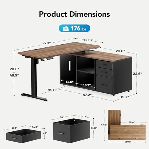 Image of HUANUO 55 Inch L Shaped Standing Desk with Drawers, Electric Executive Desk with File Cabinet Sets, Adjustable Height Stand Up Desk, Home Office Computer Desk with 4 Memory Presets, Walnut