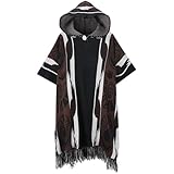 Unisex Mexican Poncho Serape With Hoodies Vintage Hippie Western Poncho Boho Totem Sleeveless Sweater Shawl Cape (Brown, Large-XLarge)