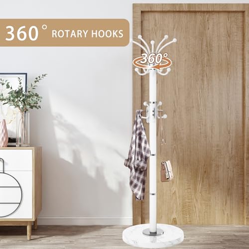 Metal-Heavy-Duty-Coat-Rack-Stand-Modern-360-Roraty-Freestanding-Coat-Rack-with-Natural-Marble-Base-White-Coat-Racks-Hall-Tree-Hanger-Stand-with-16-Hooks-for-Entryway-Office Metal Heavy Duty Coat Rack Stand Modern 360 Roraty Freestanding Coat Rack with Natural Marble Base White Coat Racks Hall Tree Hanger Stand with 16 Hooks for Entryway Office