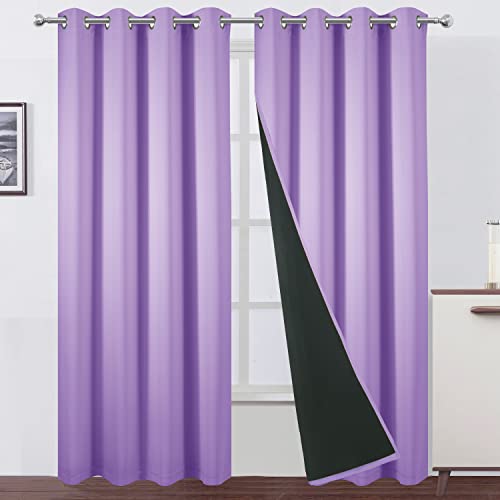 LEMOMO 100% Blackout Curtains 52 x 95 Inch/Lavender Curtains 2 Panels with Black Lining Room Darkening Thermal Insulated Bedroom Curtains