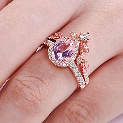Image of Jeulia Engagement Rings Sterling Silver Halo Pear Cut Synthetic Pear Shape Natural Pink Rose Gold Diamond Bridal Set Halo Art Deco Wedding band Anniversary Promise Jewelry Crystal With Gift Box