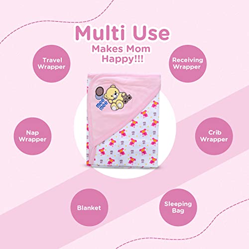 Image of Mee Mee 100% Soft Cotton Hooded Baby Wrapper Cum Warmer, Blanket with Hood for New Born Baby 0 to 6 Months (Hood-Pink)