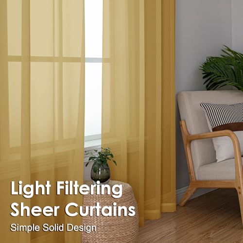 Image of OVZME Gold Sheer Curtains 72 Inches Long 2 Panels - Soft Light Filtering Window Sheer Panels for Living Room /Bedroom, Top Dual Rod Pocket, 1 Pair, Each 42Wx72L Inches
