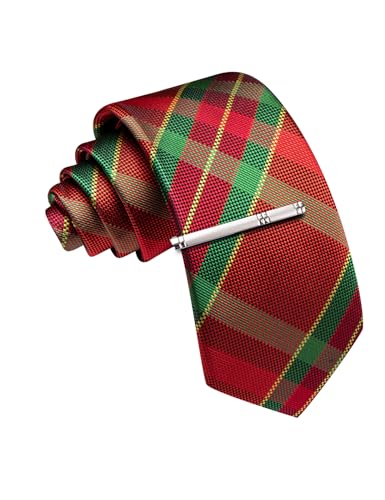 Image of Barry.Wang Plaid Ties Mens Silk Necktie and Tie Clip Checkered Tie for Wedding Party Business Formal