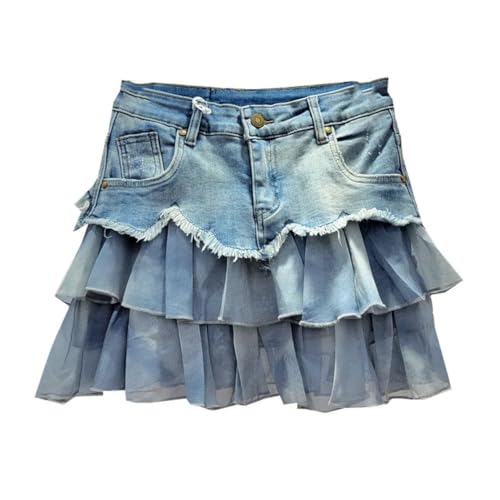 Women High Waist Colorblock Denim Skirt American Loose A-Line Short Skirt Street Summer Style