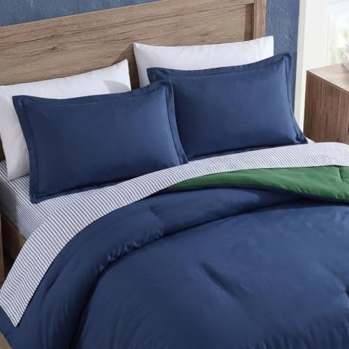 Nautica - Twin/Twin XL Bed in a Bag, Reversible Comforter Set with Stretch-to-Fit Fitted Sheet, Sham, Pillowcase & Laundry Bag, 5-Piece College Dorm Room Essentials (Captain's Blue/Green) by Nautica - Used condition - Image 3