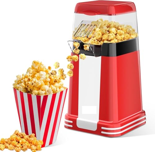 Popcorn Maker 1200W Mini Retro Air Popper Popcorn Machine 12 Cups Hot Air Popcorn Popper Electric with Butter Tray Oil-Free One-Button Control Compact Design for Home & Gifts