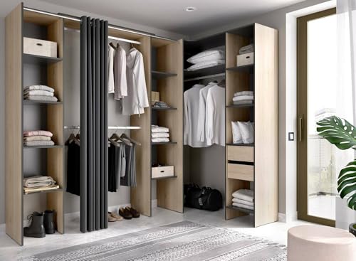 Guardaroba Grande Bestone, Mobile Camera da Letto, Cabina Armadio portabiti, Armadio Appendiabiti, 234x141 h205 cm, Antracite e Rovere