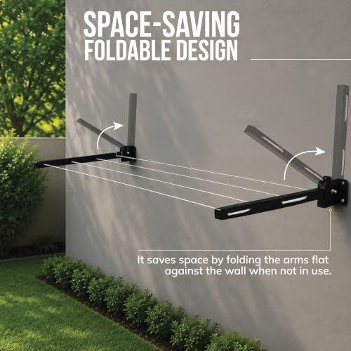 Image of Robustt Wall Mounted Clothes Drying Stand | 55 Ft Drying Space | Heavy-Duty Foldable Powder Coated Metal Arms Cloth Dryer Rack | Space Saving Laundry Hanger for Balcony, Bathroom, Terrace | Black