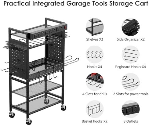 CCCEI Power Tool Organizer Cart with Charging Station, Garage Floor Rolling Storage Cart on Wheels for Mechanic, Mobile 6 Drill, Tool Box Utility Cart with Battery Charging Power Strip, Black