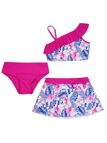 IEFIEL Traje de Baño de Tres Piezas para Niñas Crop Top y Braga Bikini de Natación Bañador con Falda Ropa de Playa Piscina Surf 5-16 Años A Fucsia 7-8 años
