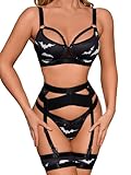 Kaei&Shi Garter Belt Thong Lingerie for Women,Strappy Hollow Out Sexy Lingerie,Underwire Mesh Sheer