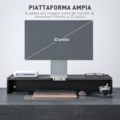 Supporto per Monitor PC con 2 Vani Contenitore, Porta Monitor da Scrivania in Legno, per Laptop e Computer, Portata Fino a 16Kg, 100x27x15 cm, Nero - Monitor - Immagine 3