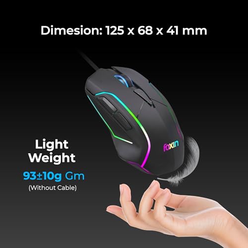 Image of Foxin Phantom GM 105 USB Wired Gaming Mouse with Upto 7200 DPI Gaming Sensor | 6 Buttons | Upto 10 Million Clicks | RGB Lighting | Ergonomic Design | 1.5m Cable (Black)