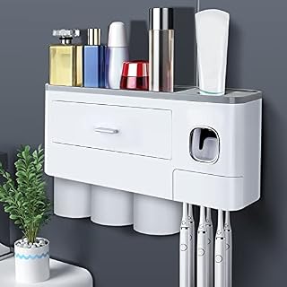 JIGUOOR Electric Toothbrush Holder Wall Mounted Automatic Toothpaste Dispenser Squeezer set Toothbrush Cover Bathroom Organizer, with 6 Toothbrush Slots & 3 Magnetic Cups for Bathroom