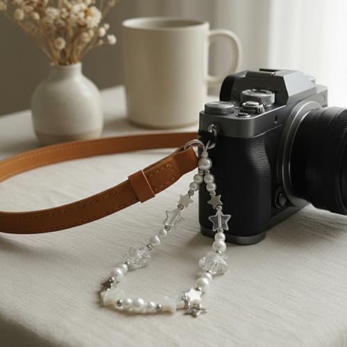 Star Pearl Beaded Phone Charm Strap, Silver White Wrist Lanyard - 5