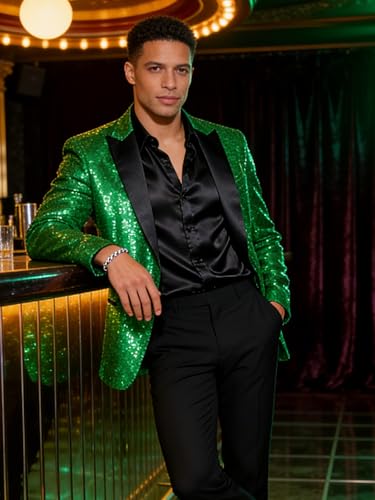 Image of Barry.Wang Mens Sequins Blazer Sparkle Dress Suit Jacket Cocktails Shiny Metallic Disco Dance Party Tuxedo Homecoming