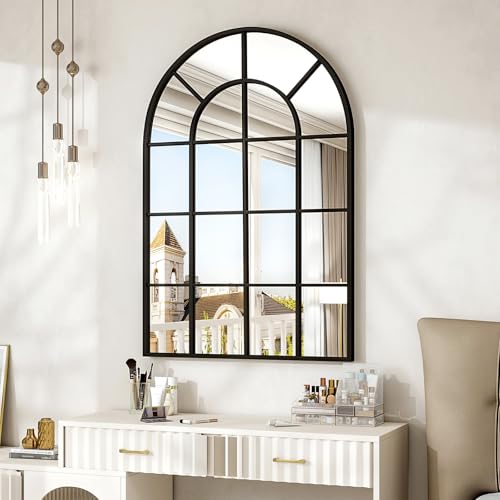 Riskioir 24"×36" Windowpane Arched Wall Mirror, Grid-Designed Decorative Farmhouse Wall Mounted Mirror with Metal Frame Hanging Leaning for Entryway, Living Room, Home Decor, Black