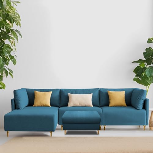 Image of Carina LHS 4 Seater L Shape Sofa Set with Center Table for Living Room (Turquise Fabric) Premium Fabric Sofa