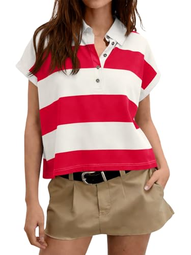 Consejos para Comprar Polos para Mujer de esta semana. 42 Tankaneo - Polo para mujer, con bloques de color, manga casquillo a rayas, de gran tamaño, casual, holgado, para mujer, Rojo, Large