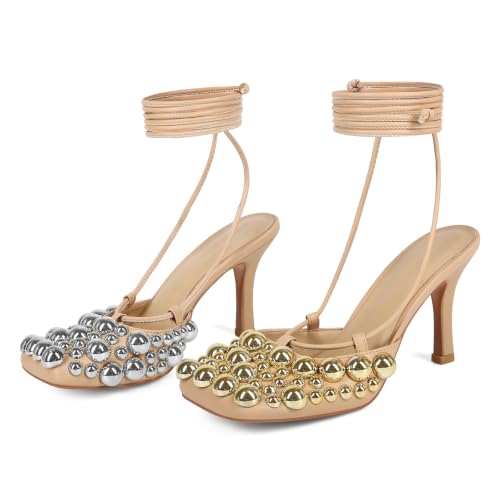 Image of Saint Leia Women's 4IN High Heel Sandals Nude Stiletto Pumps with Gold Silver Pearls Heels for Weddings Parties and Evening Wear