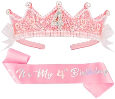 BAHABY Birthday Crown Headband Pink Glitter Birthday