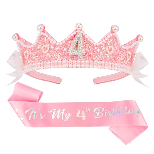 CUBACO Birthday Girl Crown and Sash, 4th Birthday Girl Headband Princess Pink Crown 4 Year Old Girl Birthday Gifts Outfit Birthday Decorations,Suitable for Party Favors Decorations