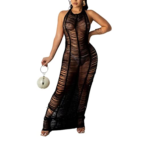 Robe longue dos nu sexy sans manches en maille transparente au crochet pour femme, Dos nu - Noir, Taille L