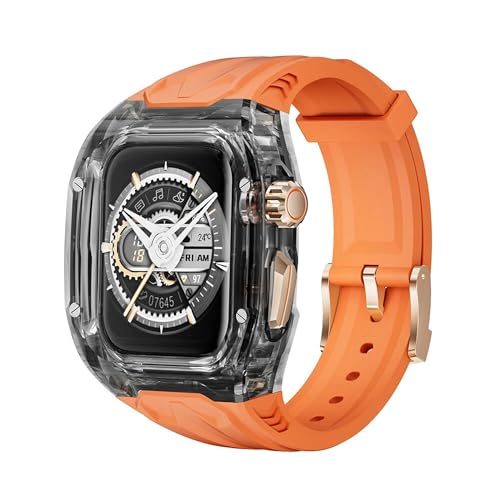 Image of AUGEN Luxury Transparent Apple Watch Modification Kit Compatible with Series 9 /8 /7 (45mm) & SE2 /6 /SE /5 /4 (44mm) | Premium Fluororubber Strap Band with Transparent Protective Case for Men & Women (Upgrade Mod Kit) (Orange)