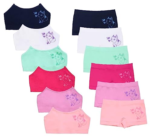 I&S Girl's Pack of 6 Sets of Matching Spaghetti Strap Bras & Seamless BoyShorts or Bikinis (Small, Umbrella Kitty Flowers)