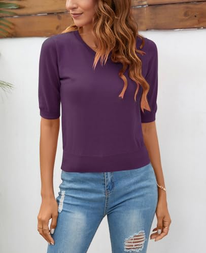 Image of Women Summer Knit Shirt Blouse V Neck Short Sleeve Pullover Sweater Tops