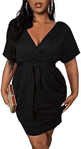 Romwe Women's Plus Size Short Sleeve Surplice Deep V Belted Ruched Mini Bodycon Dress Black 2XL