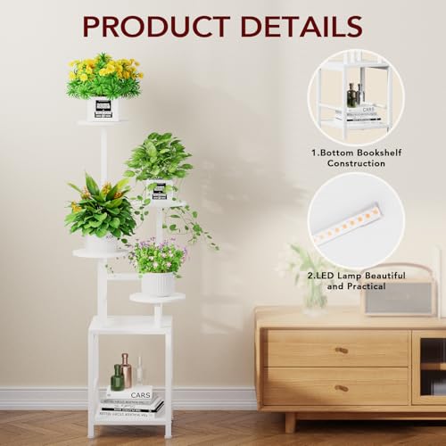 Image of Homsorout Plant Stand Indoor with Grow Light, 5-Tiered Tall Plant Stand Indoor, Metal Plant Shelf with Adjustable Light, Ideal for Living Room, Garden, Round Patio white