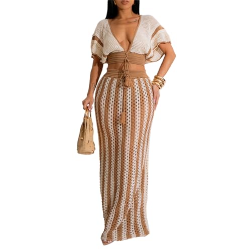 Women 2 Piece Outfits Knit Striped Hollow Out Short Sleeve Top Maxi Skirts Set