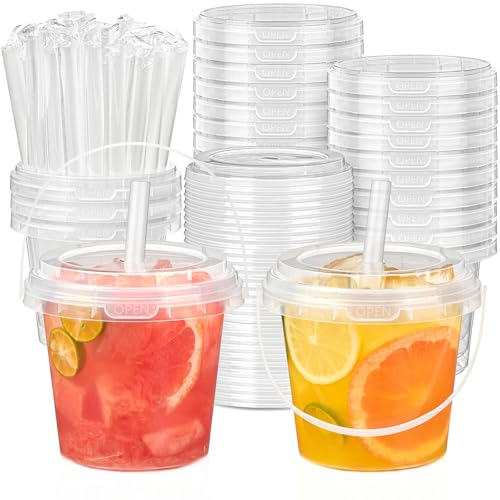 TUZAZO 30 Pack Drink Buckets with Lids and Straws 24 OZ Clear Plastic Bucket Cups with Handle for Lemonade Smoothies Iced Coffee Cups Summer Beach Pool Party Supplies