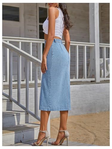 WDIRARA Women's Asymmetrical Denim Midi Skirt Button Down High Waisted Jean Skirt2