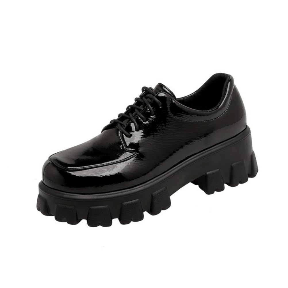 Mocasines Suaves De Charol para Mujer Tacón Alto Grueso Uniforme Zapatos De Vestir Cordones Zapatos De Oficina con Plataforma