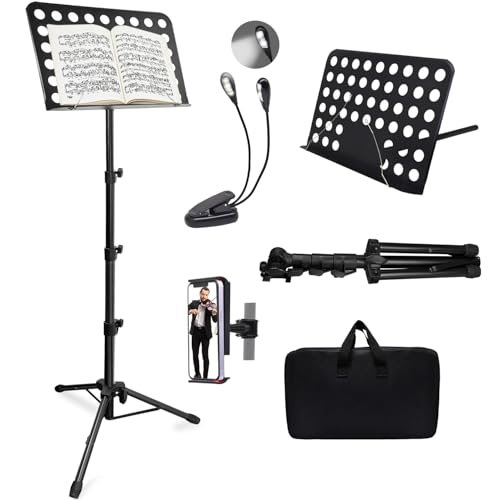 Tialero 70" Sheet Music Stand with Light & Phone Holder, Portable Music Stand for Sheet Music High Stability, Height Adjustable Music Sheet Stand with Carrying Bag, Music Book Holder（33-70inch