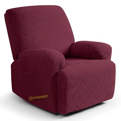 Image of Ruaozz Recliner Sofa Covers Recliner Chair Covers Recliner Covers for Reclining Chair with Pockets Washable Furniture Protector with Elastic Bottom (1 Seater, Wine)