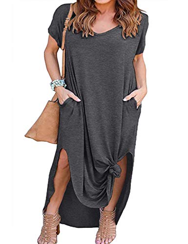 Image of Women's Plus Size Maxi Dresses V Neck Casual Short Sleeve Loose Pocket Slits Long Dress XL-5XL