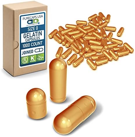 PureCaps USA - Size 0 Empty Metallic Gold Gelatin Pill Capsules - Fast Dissolving and Easily Digestible - Preservative Free with Natural Ingredients - (1,000 Joined Capsules)